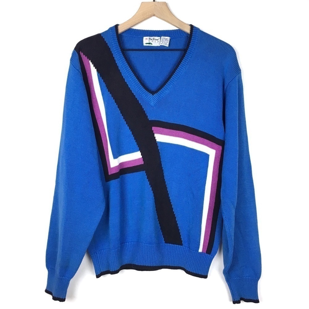 VINTAGE Sweater Par Four Golf V Neck Abstract Retro Mod Geo Stripe Size Medium